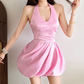 Sweet Halter Neck Homecoming Dress Pink Satin A-Line Birthday Dress D0242