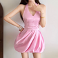 Sweet Halter Neck Homecoming Dress Pink Satin A-Line Birthday Dress D0242
