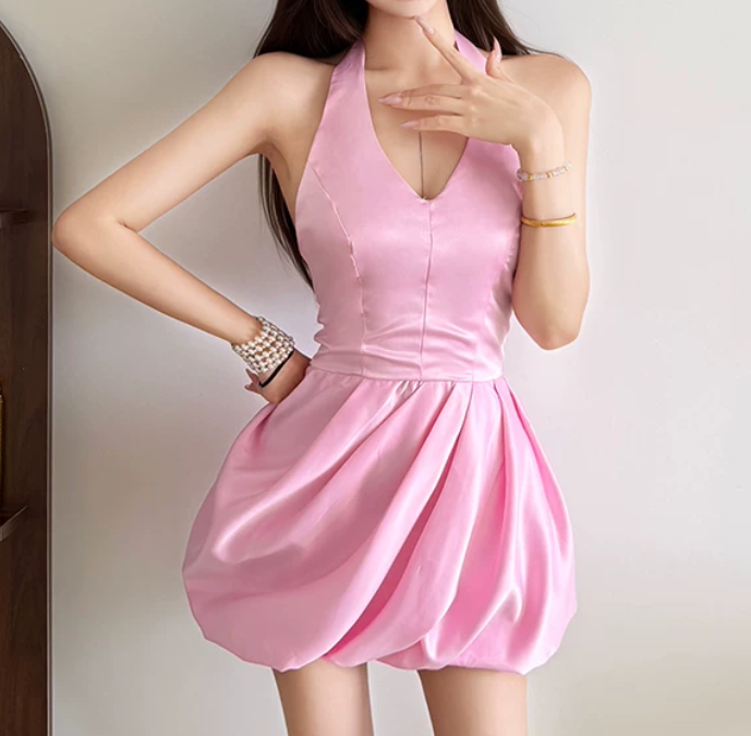 Sweet Halter Neck Homecoming Dress Pink Satin A-Line Birthday Dress D0242