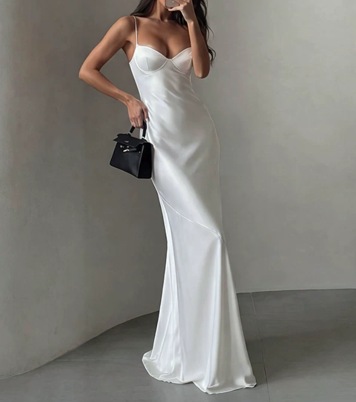 Elegant Spaghetti Straps Prom Dress White Mermaid Evening Dress D0246