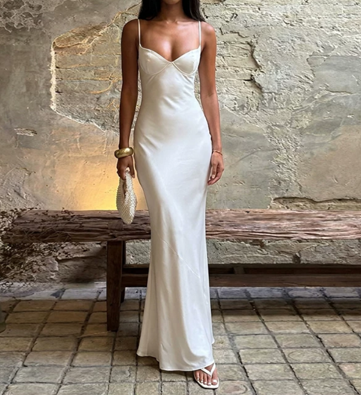 Elegant Spaghetti Straps Prom Dress White Mermaid Evening Dress D0246