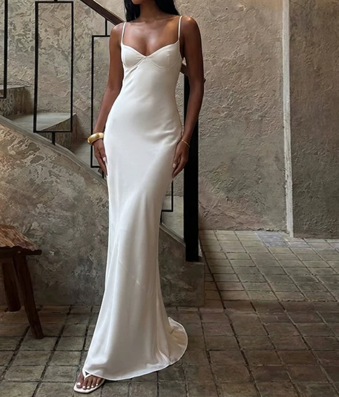 Elegant Spaghetti Straps Prom Dress White Mermaid Evening Dress D0246