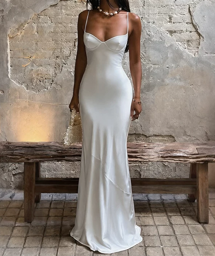 Elegant Spaghetti Straps Prom Dress White Mermaid Evening Dress D0246