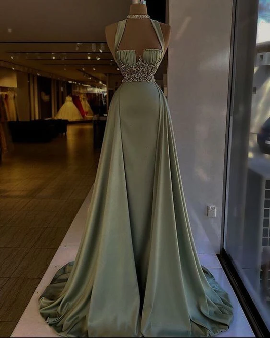 Modest Mermaid Sleeveless Mint Green Satin Long Prom Dress D025