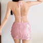 Y2K Halter Neck Pink Mini Dress Sequins 2-Piece Set Sheath Short Dress D0251