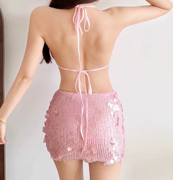 Y2K Halter Neck Pink Mini Dress Sequins 2-Piece Set Sheath Short Dress D0251
