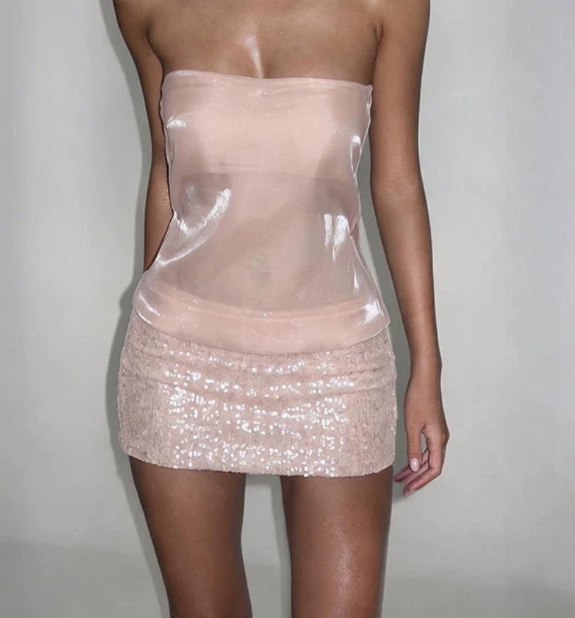 Shiny Strapless Pink Homecoming Dress Sequins Sheath Birthday Dress D0255