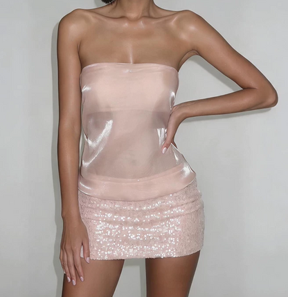 Shiny Strapless Pink Homecoming Dress Sequins Sheath Birthday Dress D0255