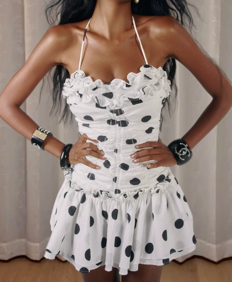 Unique Polka Dots Homecoming Dress Ruffles Backless Halter A-Line Birthday Dress D0258