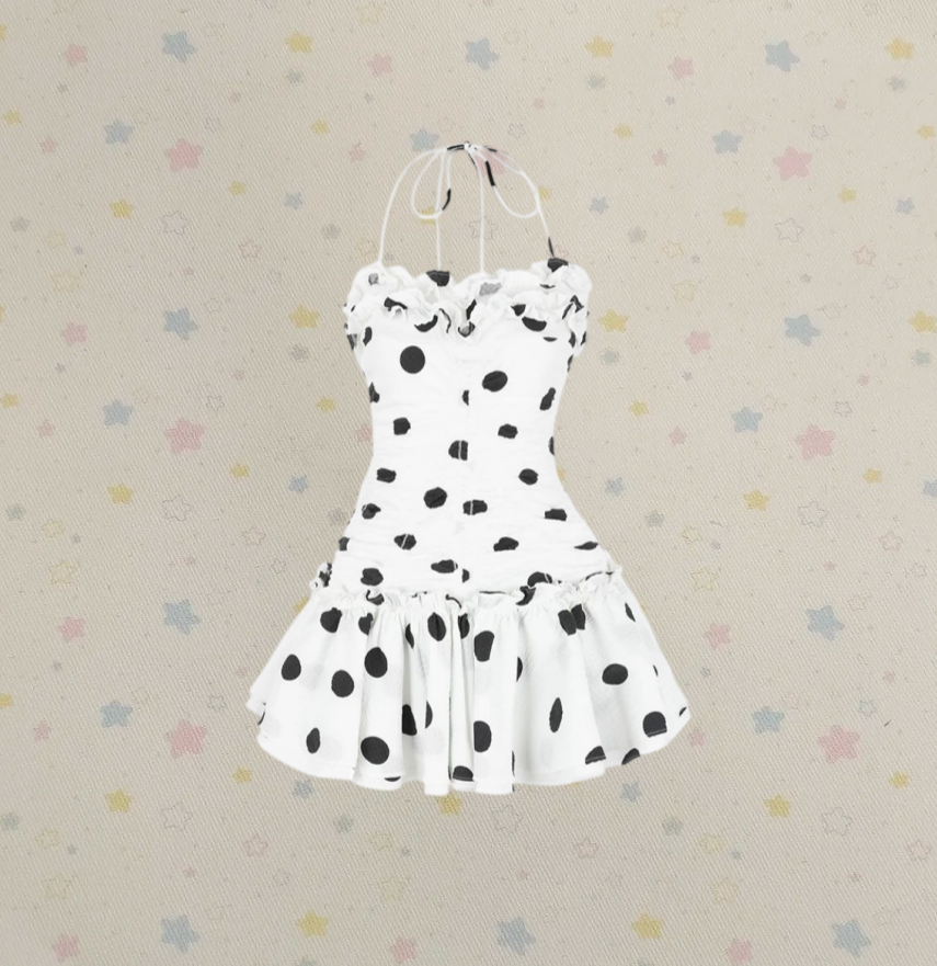 Unique Polka Dots Homecoming Dress Ruffles Backless Halter A-Line Birthday Dress D0258