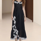 Vintage Spaghetti Straps Prom Dress Black Ruffles Lace A-Line Evening Dress D0259