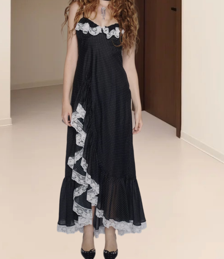 Vintage Spaghetti Straps Prom Dress Black Ruffles Lace A-Line Evening Dress D0259