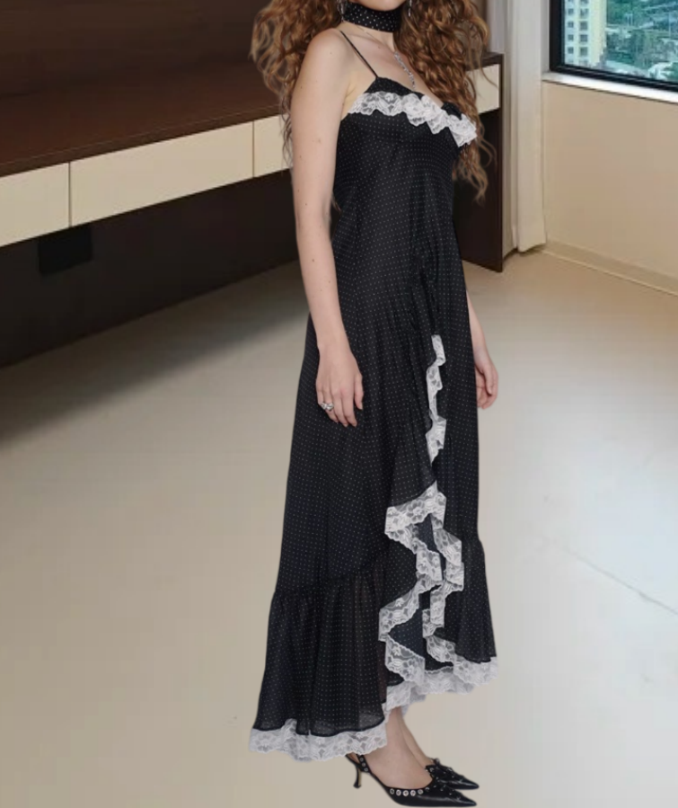 Vintage Spaghetti Straps Prom Dress Black Ruffles Lace A-Line Evening Dress D0259