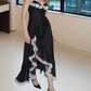 Vintage Spaghetti Straps Prom Dress Black Ruffles Lace A-Line Evening Dress D0259