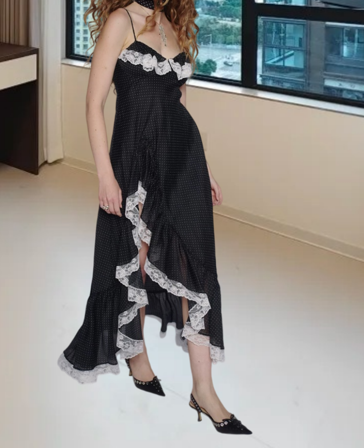 Vintage Spaghetti Straps Prom Dress Black Ruffles Lace A-Line Evening Dress D0259