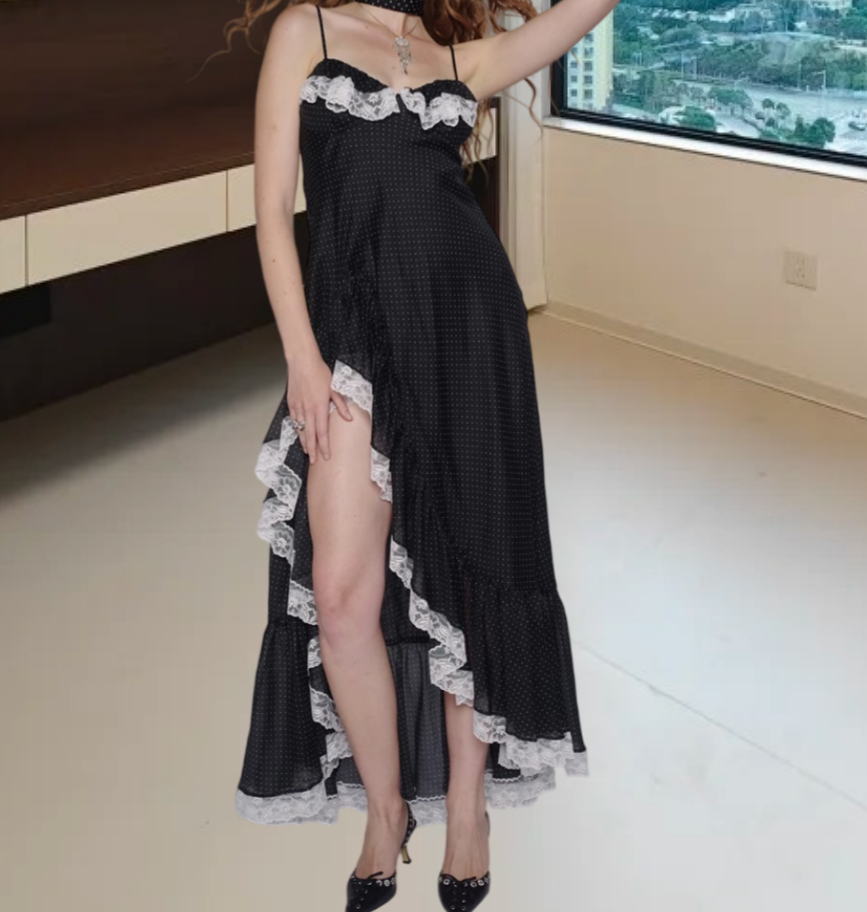 Vintage Spaghetti Straps Prom Dress Black Ruffles Lace A-Line Evening Dress D0259