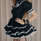Chic High Collar Lace Black Homecoming Dress Short Sleeve Tiered A-Line Birthday Dress D0263
