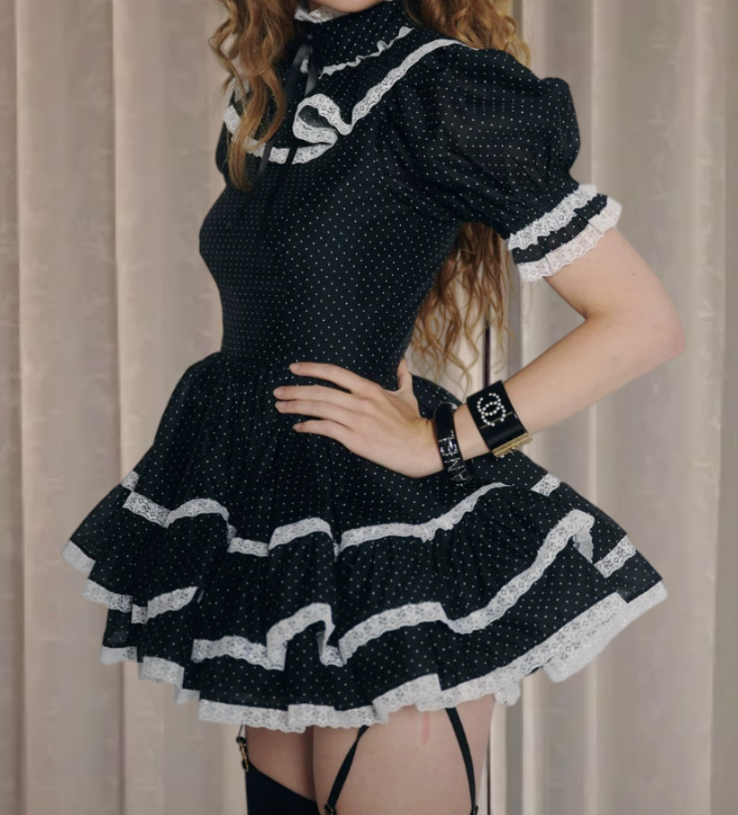 Chic High Collar Lace Black Homecoming Dress Short Sleeve Tiered A-Line Birthday Dress D0263