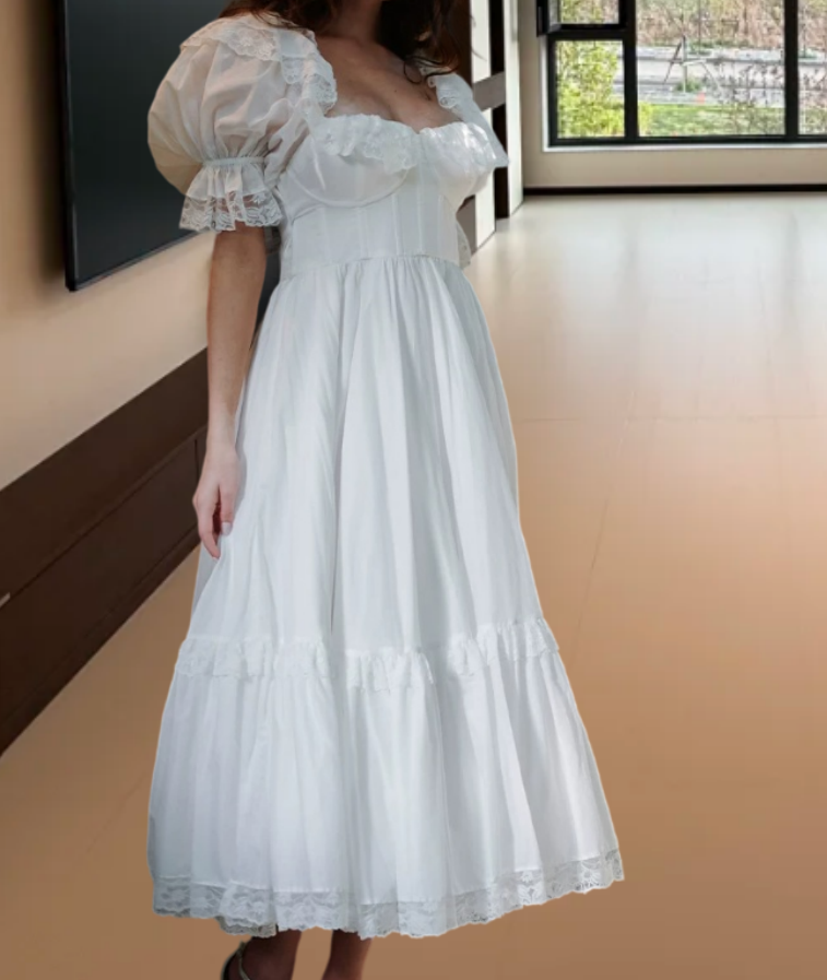 Graceful Square Neck Prom Dress White Ruffles Lace A-Line Evening Dress D0264