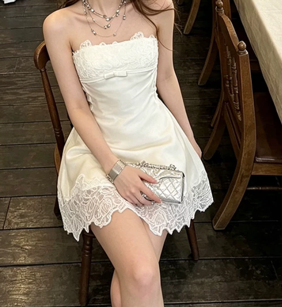 Mini robe de soirée en satin, sans bretelles, sans manches, ligne a, simple, C899