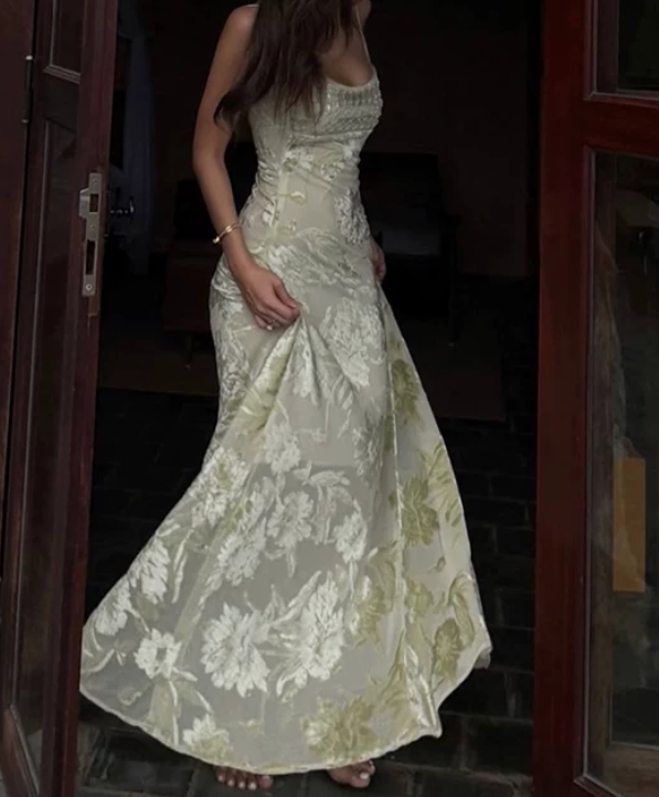 Glam Spaghetti Straps Prom Dress Green Sequins Jacquard A-Line Evening Dress D0296
