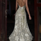 Glam Spaghetti Straps Prom Dress Green Sequins Jacquard A-Line Evening Dress D0296