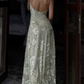 Glam Spaghetti Straps Prom Dress Green Sequins Jacquard A-Line Evening Dress D0296