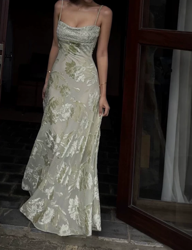 Glam Spaghetti Straps Prom Dress Green Sequins Jacquard A-Line Evening Dress D0296
