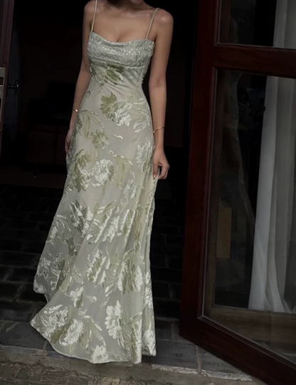 Glam Spaghetti Straps Prom Dress Green Sequins Jacquard A-Line Evening Dress D0296
