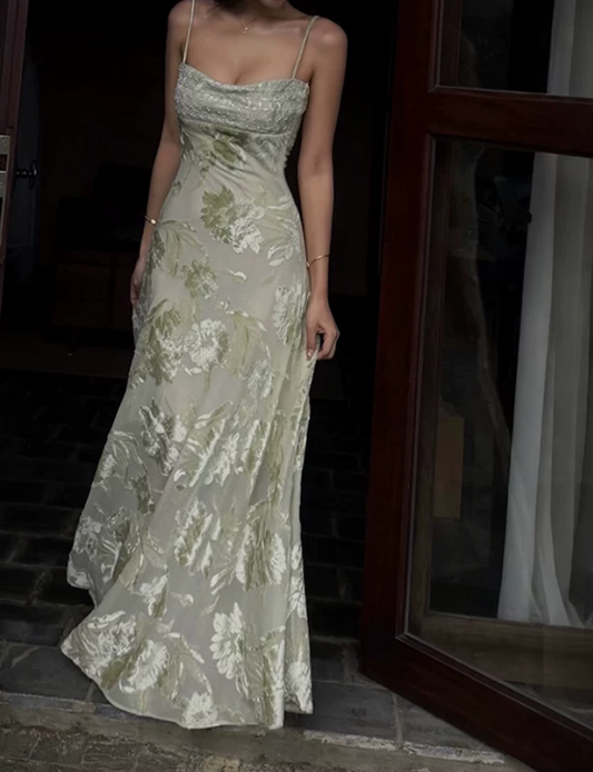 Glam Spaghetti Straps Prom Dress Green Sequins Jacquard A-Line Evening Dress D0296