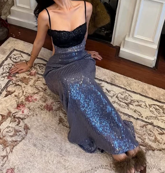 Alluring Spaghetti Straps Prom Dress Black & Blue Sequins Mermaid Evening Dress D0302