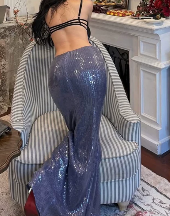 Alluring Spaghetti Straps Prom Dress Black & Blue Sequins Mermaid Evening Dress D0302