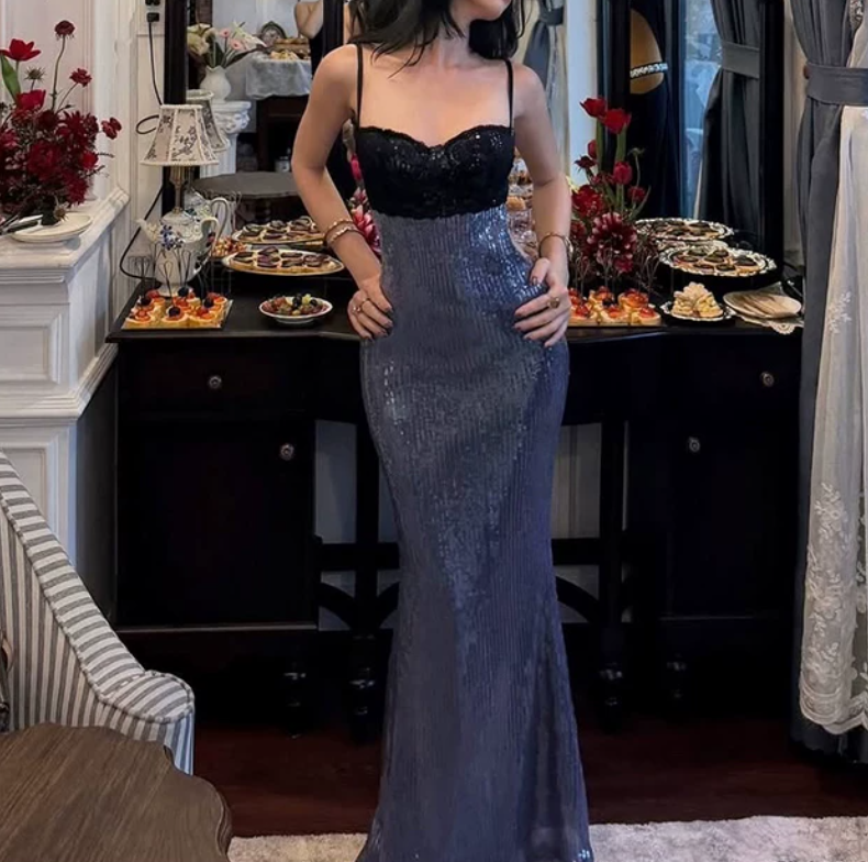 Alluring Spaghetti Straps Prom Dress Black & Blue Sequins Mermaid Evening Dress D0302
