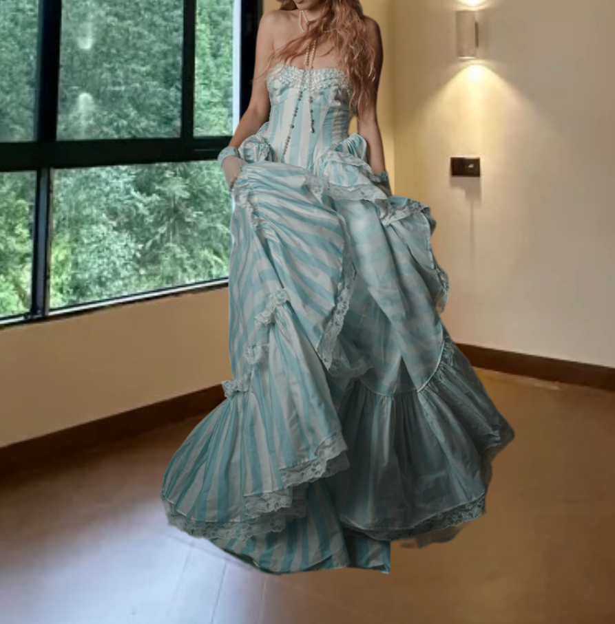 Sweet Strapless Prom Dress Blue & White Stripes A-Line Evening Dress D0305