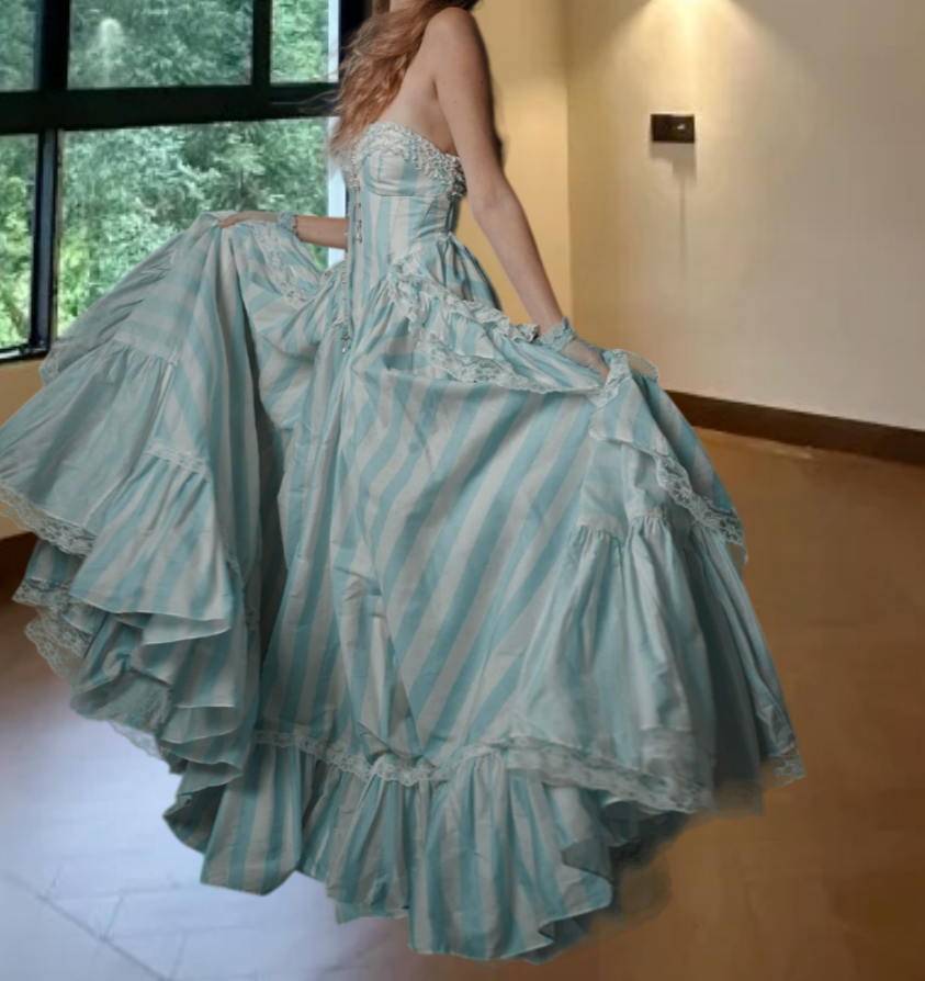 Sweet Strapless Prom Dress Blue & White Stripes A-Line Evening Dress D0305