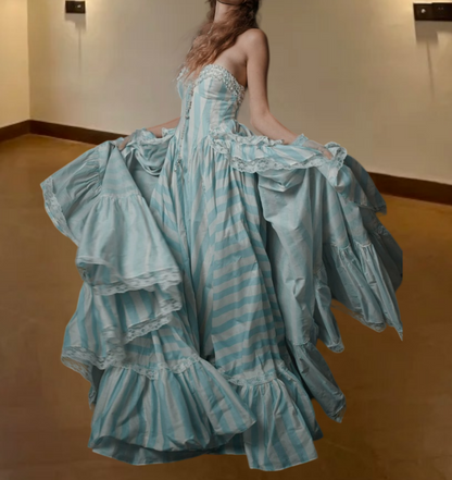 Sweet Strapless Prom Dress Blue & White Stripes A-Line Evening Dress D0305