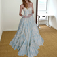 Sweet Strapless Prom Dress Blue & White Stripes A-Line Evening Dress D0305