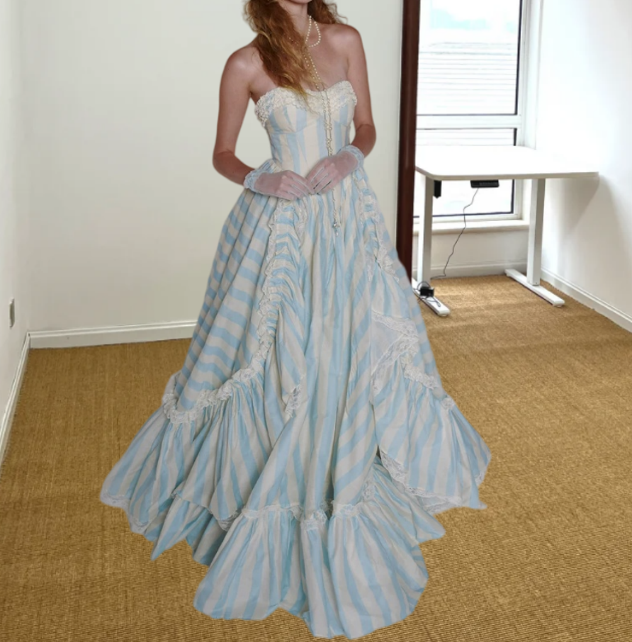 Sweet Strapless Prom Dress Blue & White Stripes A-Line Evening Dress D0305