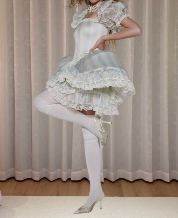 Cute Square Neck Homecoming Dress Stripes Short Sleeve A-Line Birthday Dress D0306