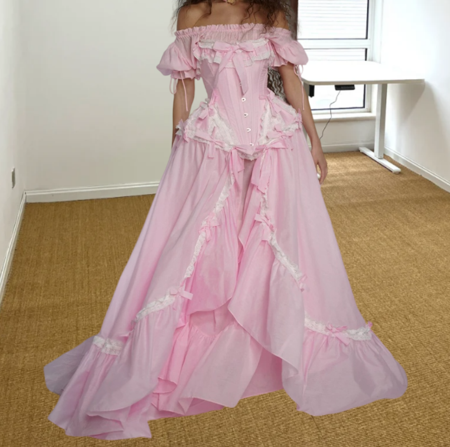 Adorable Off-Shoulder Prom Dress Pink Bows Ruffled A-Line Evening Dress D0308