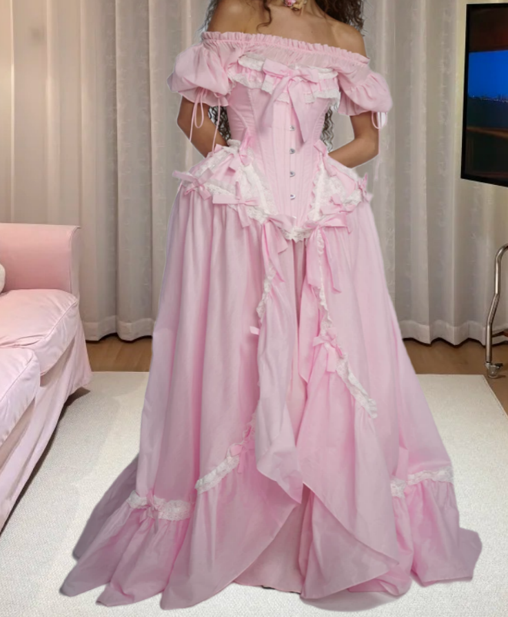 Adorable Off-Shoulder Prom Dress Pink Bows Ruffled A-Line Evening Dress D0308