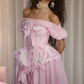 Adorable Off-Shoulder Prom Dress Pink Bows Ruffled A-Line Evening Dress D0308