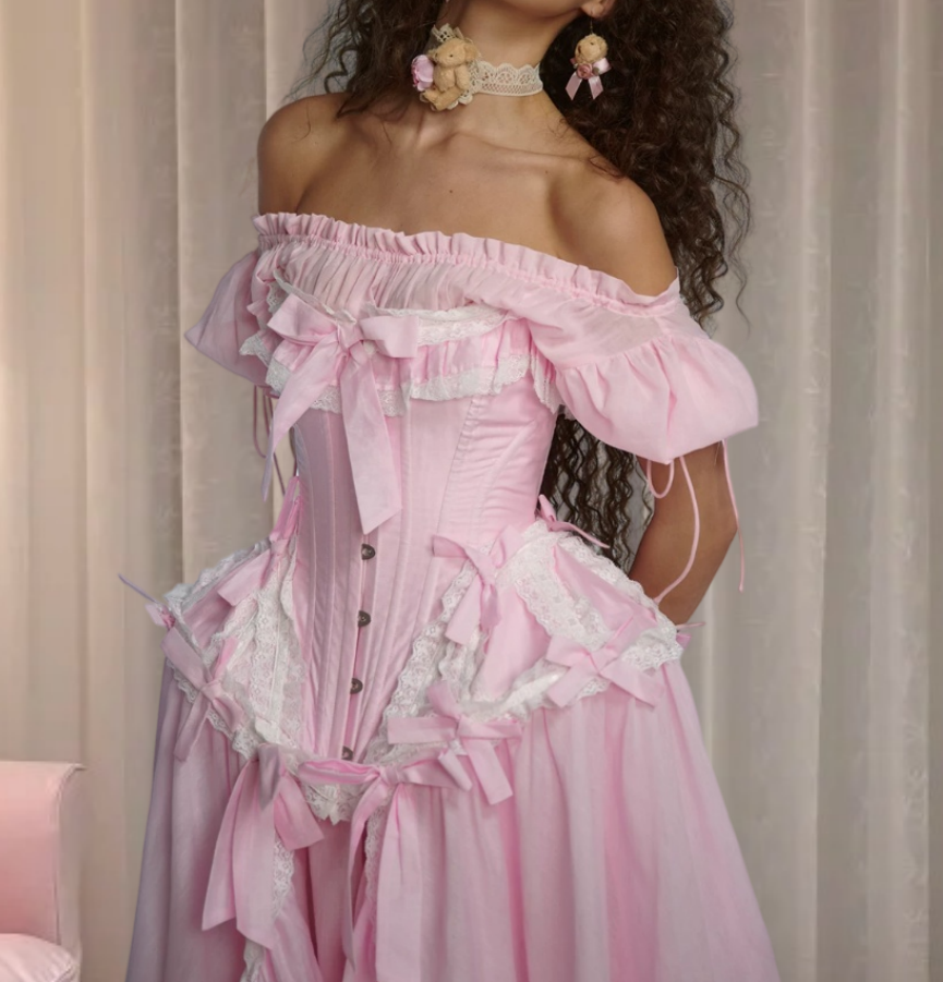 Adorable Off-Shoulder Prom Dress Pink Bows Ruffled A-Line Evening Dress D0308