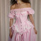 Adorable Off-Shoulder Prom Dress Pink Bows Ruffled A-Line Evening Dress D0308