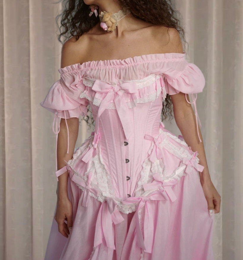 Adorable Off-Shoulder Prom Dress Pink Bows Ruffled A-Line Evening Dress D0308