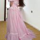Adorable Off-Shoulder Prom Dress Pink Bows Ruffled A-Line Evening Dress D0308