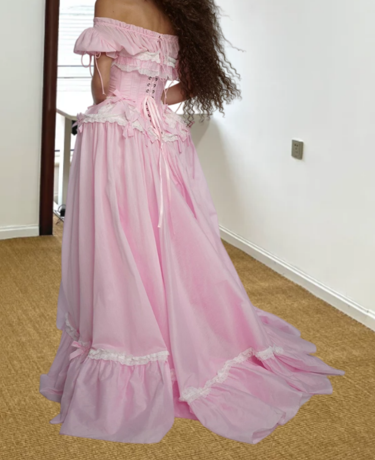Adorable Off-Shoulder Prom Dress Pink Bows Ruffled A-Line Evening Dress D0308