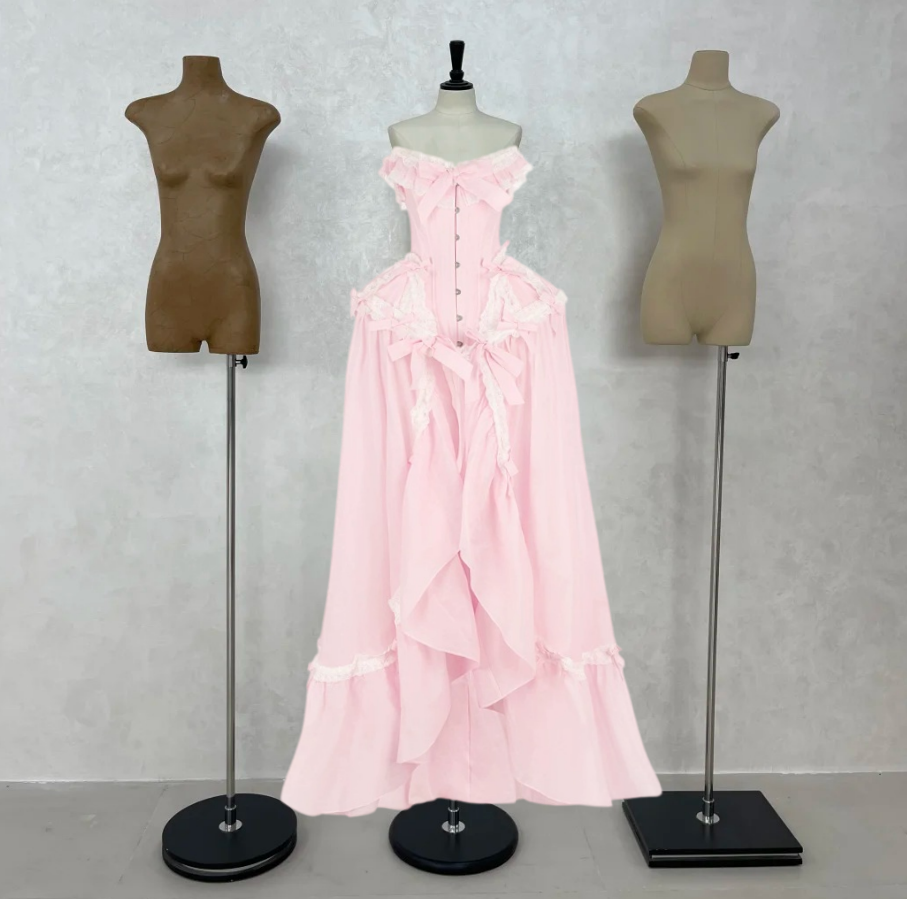 Adorable Off-Shoulder Prom Dress Pink Bows Ruffled A-Line Evening Dress D0308