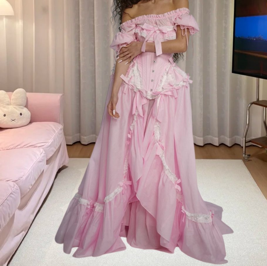 Adorable Off-Shoulder Prom Dress Pink Bows Ruffled A-Line Evening Dress D0308