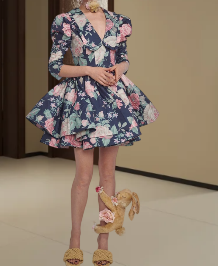 Retro V Neck Homecoming Dress Floral Long Sleeve A-Line Birthday Dress D0310
